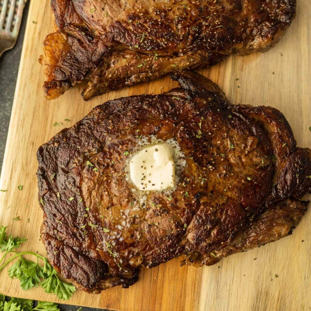 Ribeye steak with garlic rosemary butter