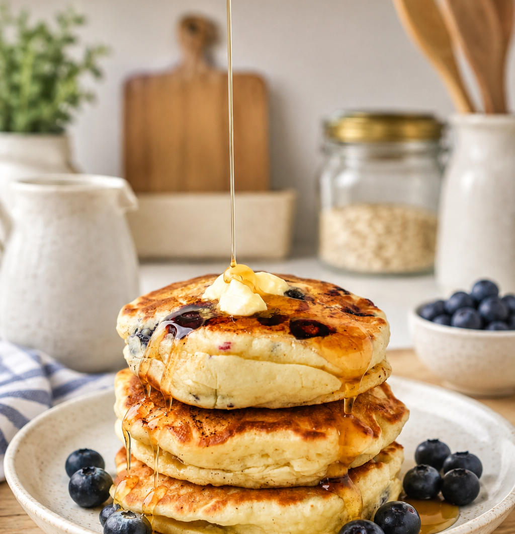 HIGH PROTEIN FLUFFY BLUEBERRY COTTAGE CHEESE PANCAKES